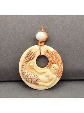 Hand Carved Mermaid Bone Pendant Freshwater Pearl Ethically Sourced 2"